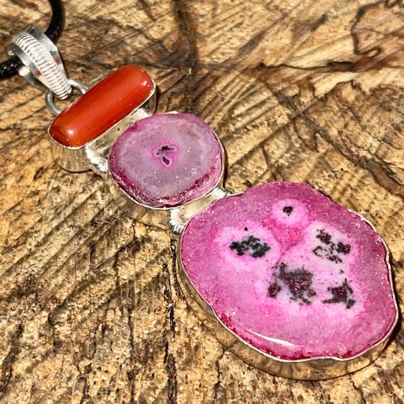 Drusy Solar Quartz & Red Coral Pendant 3” - Picture 8 of 12